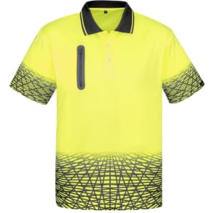 A bright yellow short-sleeve polo shirt featuring a patterned design at the hem and a zip pocket on the chest.