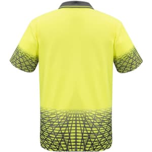 A bright yellow short sleeve polo shirt with a patterned lower section and a collar. Features a logo.