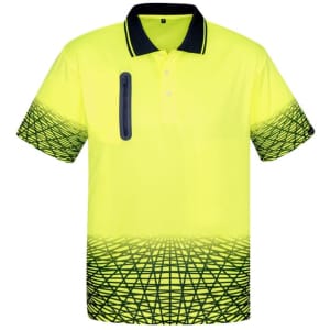 A bright yellow hi-vis short sleeve polo shirt with a gradient design and a pocket, featuring a logo.