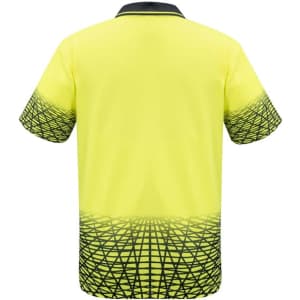 A short sleeve polo shirt in vibrant yellow with a patterned black gradient. It features a logo on the front.