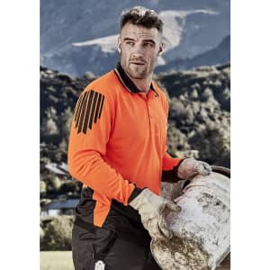 Men's long sleeve polo in vibrant orange and black with a logo, ideal for workwear.