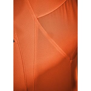 An orange short sleeve polo shirt with a textured fabric, featuring a logo on the chest.