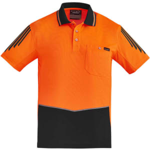 Men's short sleeve polo shirt in bright orange and black, featuring a pocket and logo on the chest.