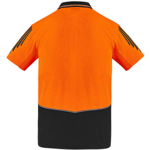 A bright orange short sleeve polo shirt with black detailing and a logo on the chest.