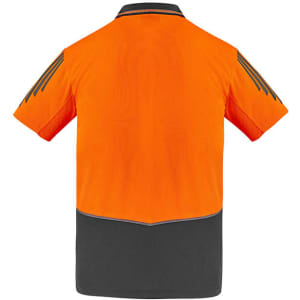 Men's short sleeve polo in high visibility orange and grey, featuring shoulder detailing and a logo.