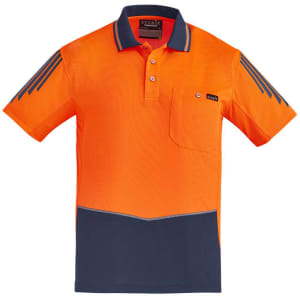 A bright orange short sleeve polo shirt with navy accents and a logo, designed for workwear.