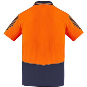 A short sleeve polo in orange and navy, featuring a logo on the front and sleek back design.