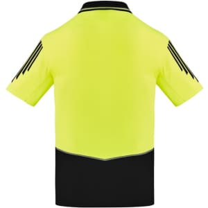 A short-sleeve polo shirt in high visibility yellow and black, featuring a logo and a contrasting design.