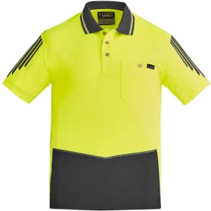 Hi-vis short sleeve polo shirt in bright yellow with black detailing and a pocket. Features a logo on the fabric.