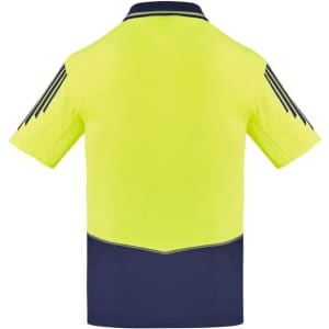 A men's short sleeve polo in hi-vis yellow with navy accents and a branded logo on the back.