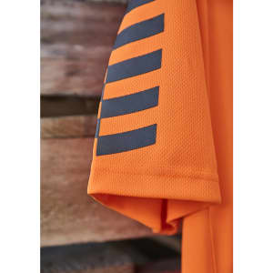 Hi Vis short sleeve polo in bright orange with black detailing and a logo. Suitable for workwear.