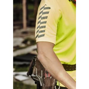 A high visibility short sleeve polo shirt in bright yellow with reflective stripes on the sleeves. It has a logo.