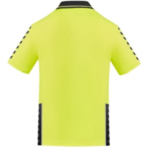 A bright yellow short sleeve polo shirt designed for workwear, featuring black detailing and a logo.