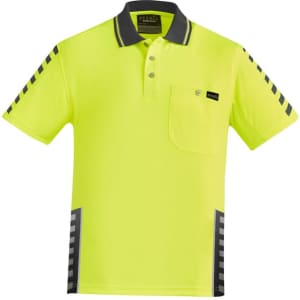 A bright yellow short sleeve polo shirt with black accents and a pocket, featuring a logo on the chest.