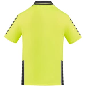 A hi-vis yellow short sleeve polo shirt with dark grey accents and a logo. Back view displayed.