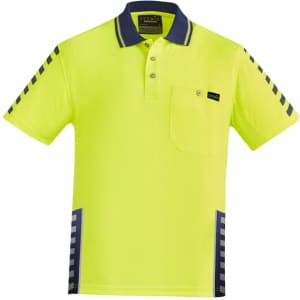 A high visibility short sleeve polo in fluorescent yellow with navy accents and a pocket, featuring a logo.