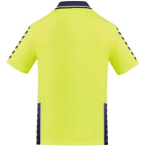 A men's short sleeve polo in hi-vis yellow with navy accents and a logo on the front. Suitable for workwear.