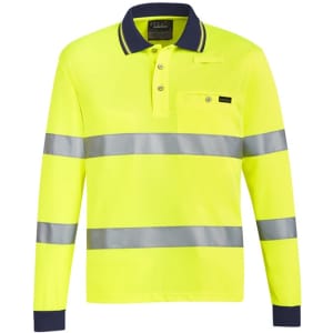 A bright yellow unisex polo shirt with reflective tape and navy accents, featuring a logo on the front.