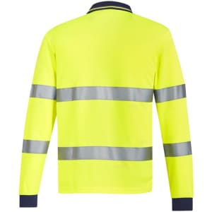 A bright yellow unisex polo shirt with silver reflective tape, featuring long sleeves and a navy collar.