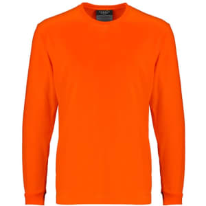 An orange long sleeve tee with a round neck, featuring a logo on the label. Ideal for safety wear.