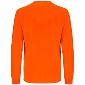 An orange long sleeve safety tee, featuring a simple design and a logo on the back.