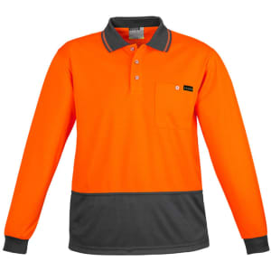 An orange and grey long sleeve polo shirt with a pocket and a logo on it.