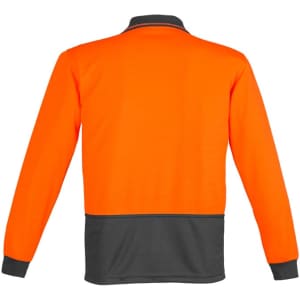 A bright orange long sleeve polo shirt with a black lower section and cuffs, featuring a logo on the front.