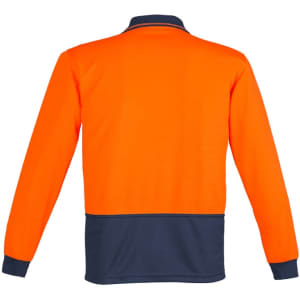 A long sleeve polo shirt in bright orange with a navy back, featuring a collar and cuffs. Includes a logo.