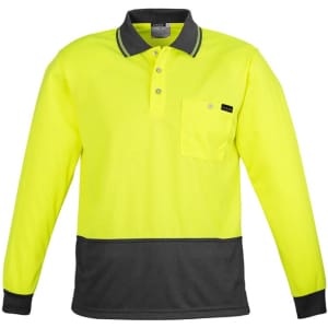 A long sleeve polo shirt in high visibility yellow with a black lower section and a chest pocket. It features a logo.