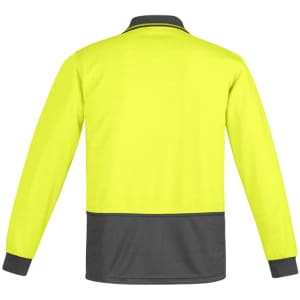 A high visibility long sleeve polo in bright yellow with a dark grey bottom and cuffs, featuring a logo.