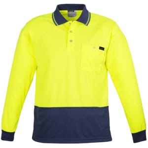 A long sleeve polo shirt in high visibility yellow, featuring a navy blue bottom section and a pocket. It has a logo.