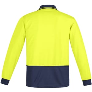 A long sleeve polo shirt in fluorescent yellow with a navy blue lower section and a collar. It features a logo.