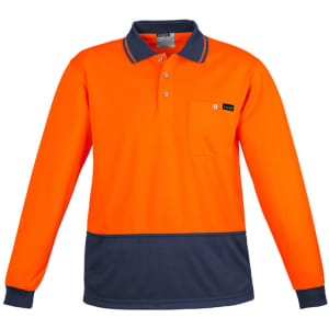 Hi-vis long sleeve polo shirt in bright orange with a navy blue bottom portion and a pocket. Features a logo.