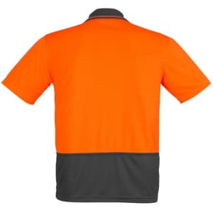 A short sleeve polo shirt featuring a high visibility orange front and a grey back, with a logo on the collar.