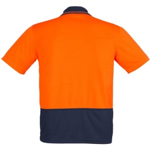 An orange and navy short sleeve polo shirt with a logo, designed for workwear.
