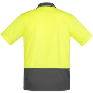 A men's short sleeve polo shirt in hi-vis yellow with a dark grey back and a logo.