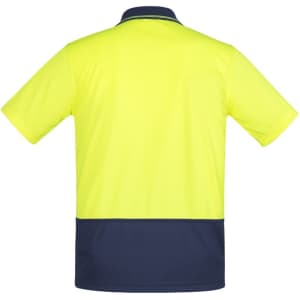 Bright yellow short sleeve polo shirt with a navy blue bottom, featuring a collar and a branding logo.