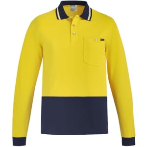 A long sleeve polo in bright yellow with a navy lower section and a pocket, featuring a logo on the chest.