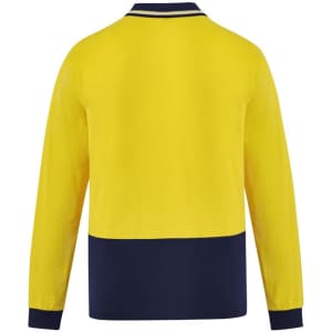 A long sleeve polo shirt in bright yellow with a navy blue lower section and a logo on the chest area.