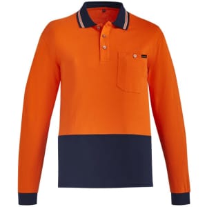 A long sleeve polo shirt in orange with a navy bottom and contrast detailing, featuring a pocket and a logo.
