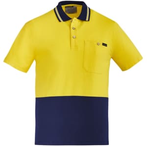 A men's hi-vis cotton short sleeve polo shirt in bright yellow and navy blue, featuring a chest pocket and logo.