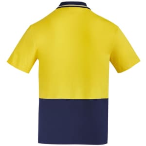 A yellow and navy mens hi-vis cotton short sleeve polo shirt featuring a two-tone design and a collar.