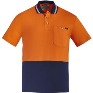 Men's high visibility short sleeve polo in orange and navy, featuring a pocket and a logo on the chest.
