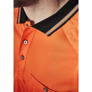 A close-up of an orange short sleeve polo shirt with a black collar and a logo. Features a pocket and buttons.