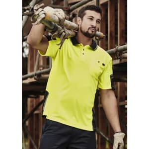 A bright yellow short sleeve polo shirt with navy accents and a pocket, featuring a logo.