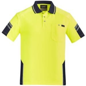 A bright yellow short sleeve polo shirt with navy accents and a chest pocket, featuring a logo.