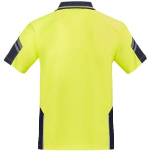 A high-visibility yellow short sleeve polo shirt with navy blue accents and a logo on the front.