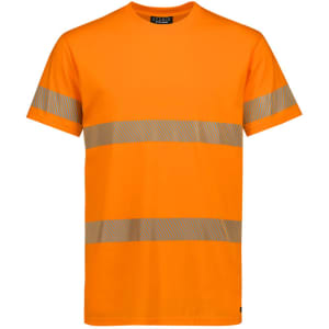An orange cotton T-shirt with reflective segmented tape stripes and a logo. Suitable for workwear.
