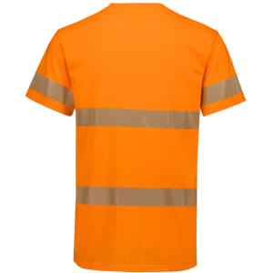 An orange hi-vis segmented tape cotton T-shirt featuring reflective stripes. The shirt has a logo on it.