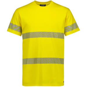 A bright yellow cotton tee shirt with segmented reflective tape across the chest and sleeves, featuring a logo.